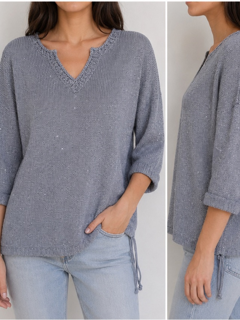 DKNY ✨ Silver Sequin Knit V-Neck Sweater Medium